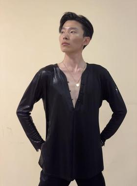 Clouds.X拉丁舞服男士黑色水晶麻拼接亮光练习训练练功服长袖上衣