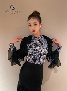 ASL国标摩登舞服上衣蓝色花纹绕长袖练功练习训练服胸垫连体