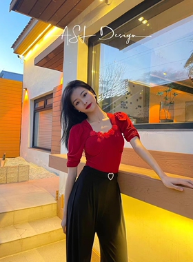 ASL摩登舞服花朵短袖圆领上衣连体练功练习训练练功服胸垫红色