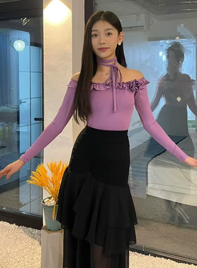 Sweet Dance一字肩花朵长袖黑色半身长裙练功练习训练摩登舞服