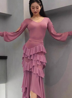 ASL摩登大V领长袖上衣多层半身裙摆可改色练功练习训练舞服紫色