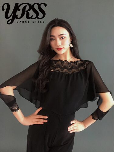 YRSS摩登舞服练功练习训练服舞蹈上衣长袖蕾丝飘纱长裙黑色定制款