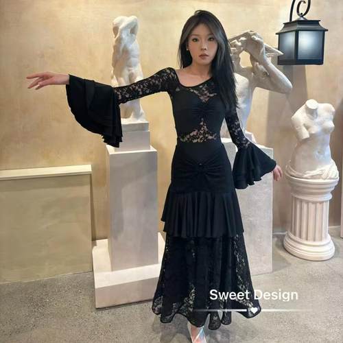 Sweet Dance摩登蕾丝喇叭长袖上衣包臀半身裙练功练习训练服黑色