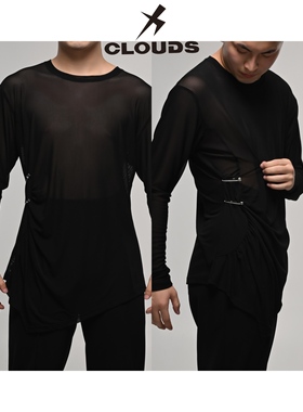 Clouds.X拉丁舞服圆领网纱别针上衣黑色咖色训练练功练习服长袖男