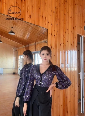 Sweet Dance摩登新品黑紫色晕染v领灯笼袖上衣黑色多片摩登裤