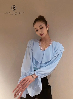 ASL国标摩登舞服上衣V领蓝色长袖练功练习训练服胸垫连体