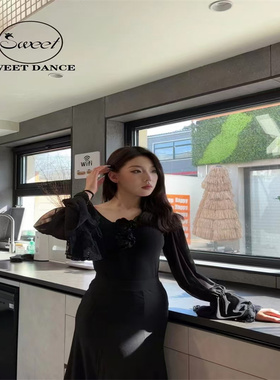 Sweet Dance摩登新品黑色喇叭长袖上衣大露背包臀半身长裙