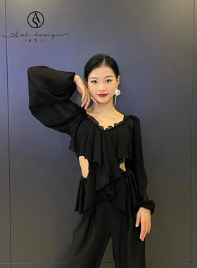 ASL摩登舞服灯笼长袖小V领黑色白色上衣练功练习训练服胸垫连体