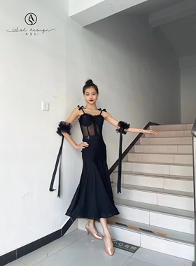 ASL摩登舞服练功练习表演艺考服吊带飘袖连体胸垫半身裙黑色定制