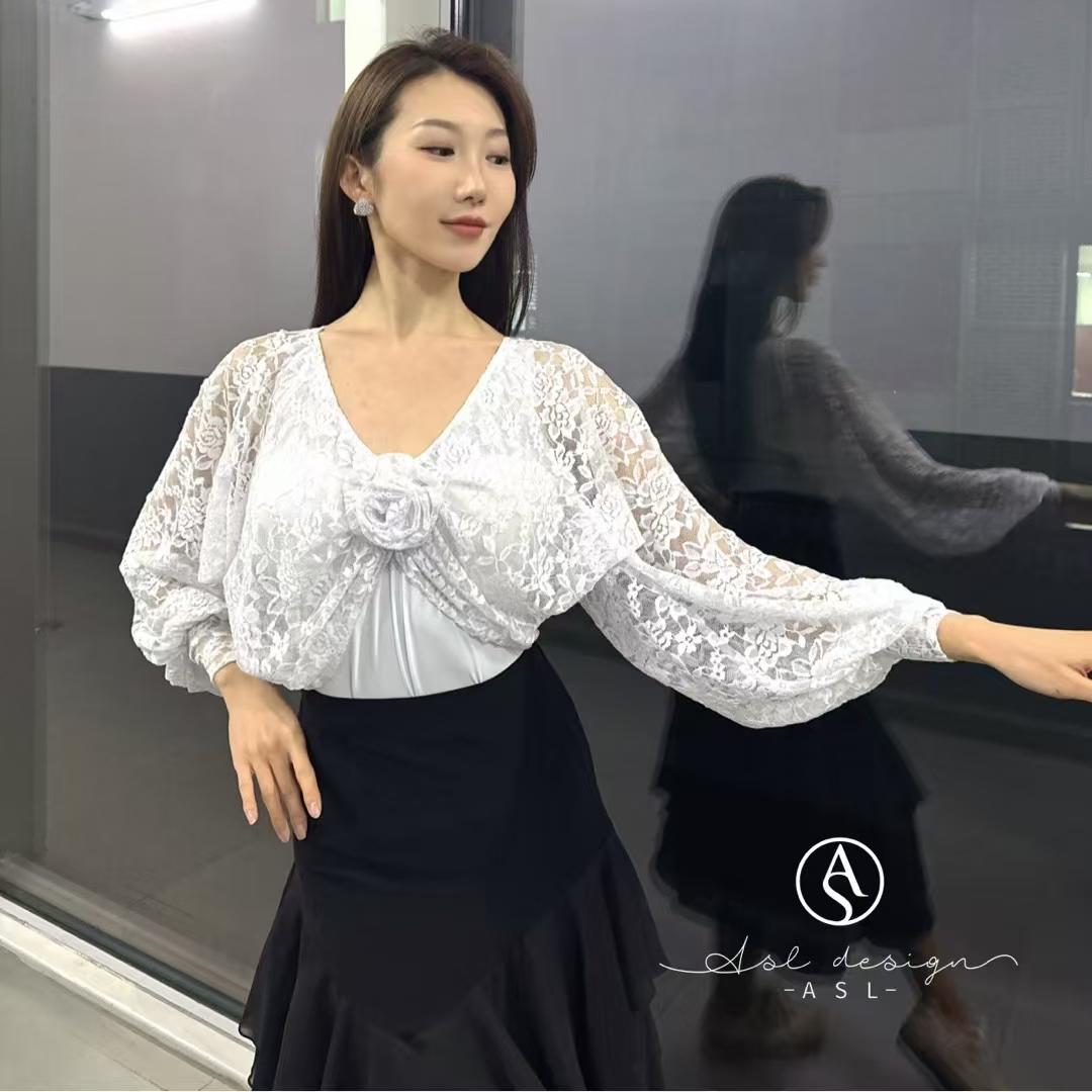 ASL摩登舞服围蕾丝玫瑰泡泡袖上衣连体练功练习训练胸垫白色