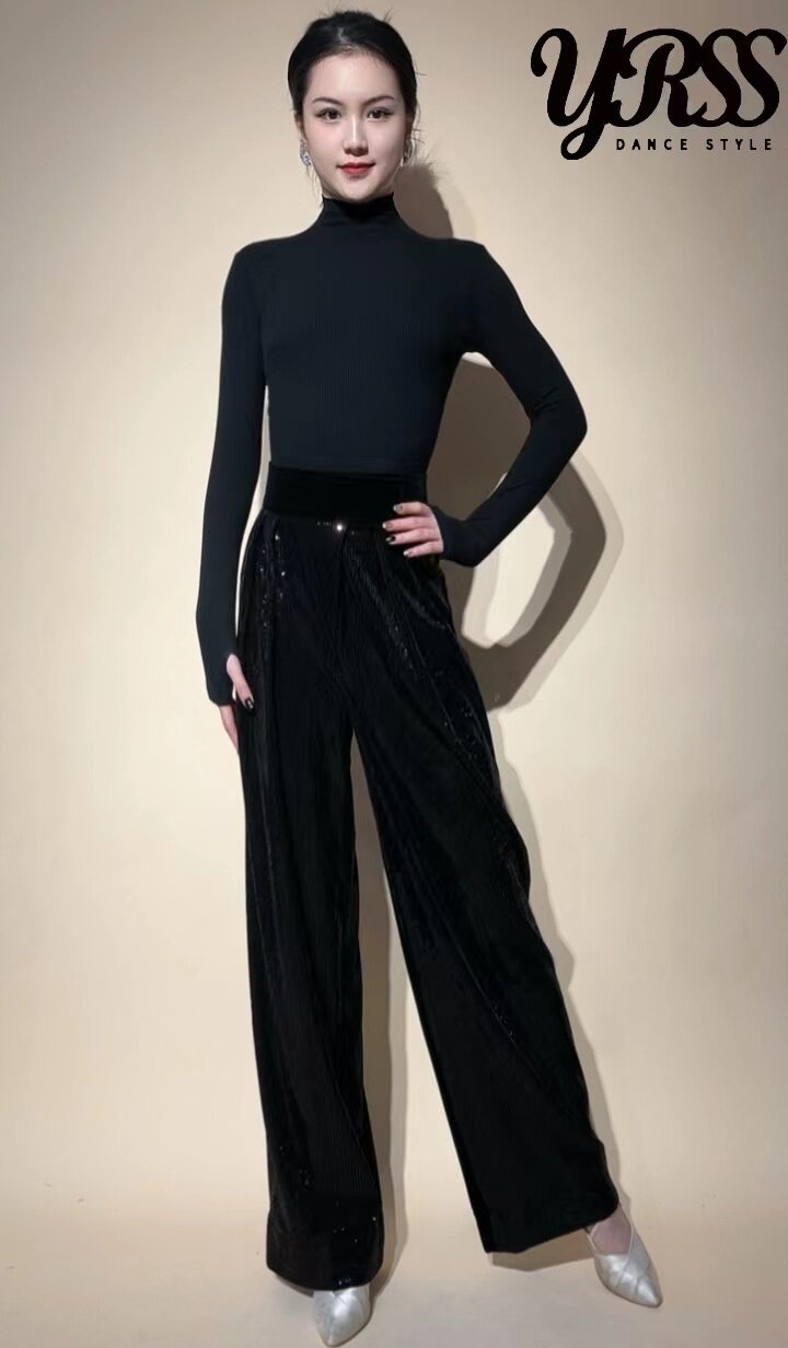 YRSS摩登舞服亮片丝绒裤进口亮片面料练习练功训练裤黑色高腰女裤