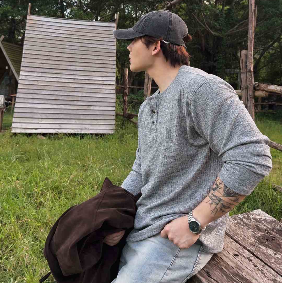 BST 老钱风提花亨利领T恤男显型长袖古银麦穗扣肌理纹针织打底衫