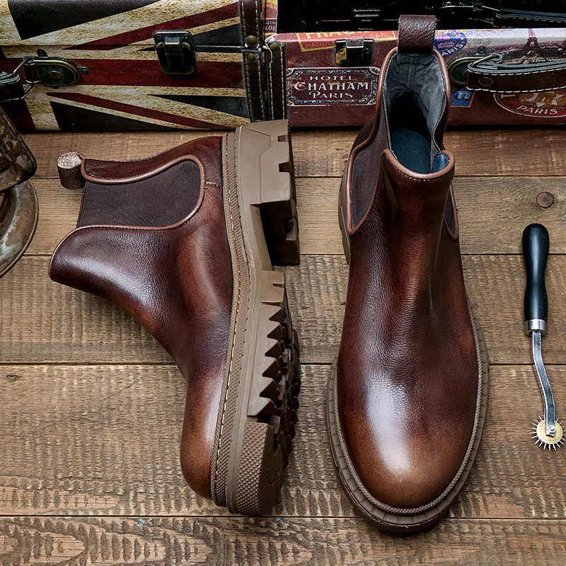 BRITISH STYLE CHELSEA BOOTS MENS SHORT BOOTS THICK-SOLED LEATHER COWHIDE MENS BOOTS SLIP-ON COWBOY BOOTS MARTIN BOOTS TRENDY
