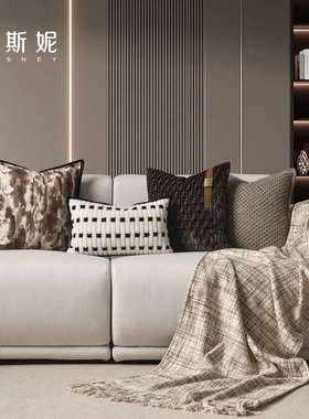 莱斯妮轻奢Fox进口割绒羊毛黑白色靠枕套高级感样板间沙发抱枕
