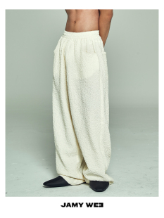 JAMY WEE原创 情侣款棉质弹性肌理宽松奶白色可调节度假休闲裤