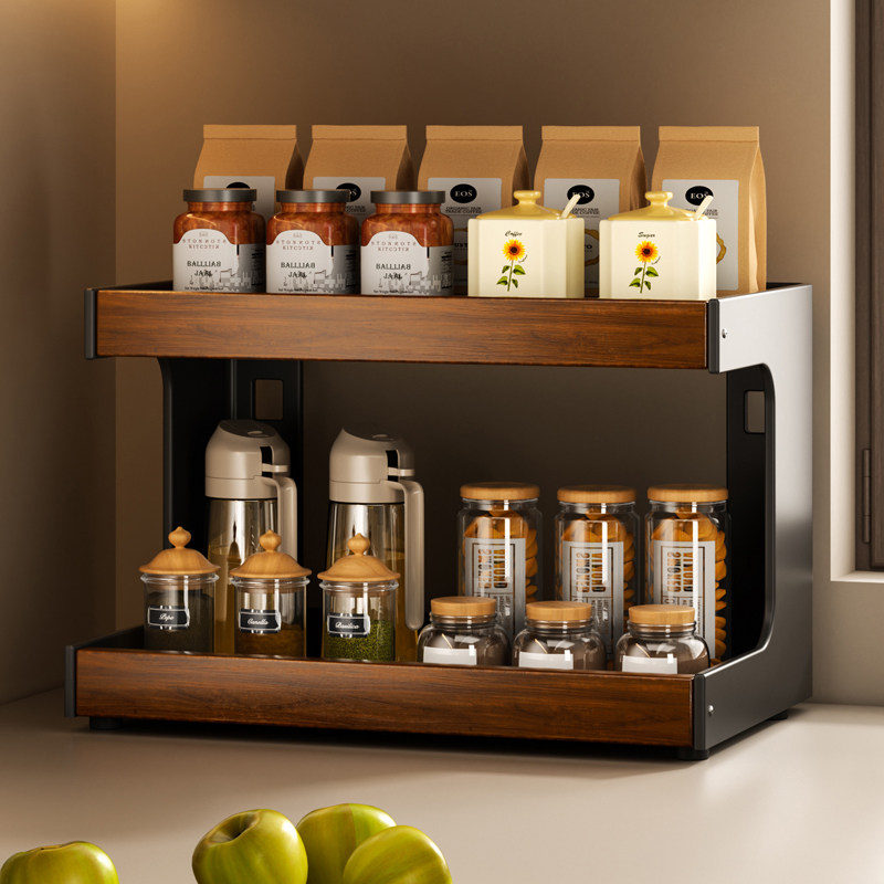 胡桃木厨房调料置物架家用台面款分层油盐酱醋瓶罐收纳中古风架子,厨房/烹饪用具,调料置物架,淘宝优惠券,粉丝福利购,淘宝优惠卷