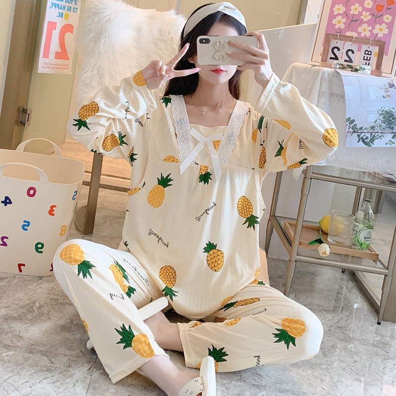 산후 의류 봄 가을 여름 얇은 산후 순면 긴팔 출산 잠옷 여성 모유 수유 여름 투피스 양복 스퀘어 칼라