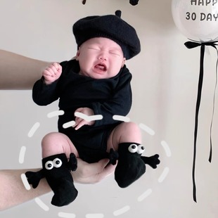 新生儿满月照婴儿袜子牵手袜白色袜子立体磁吸中筒儿童潮袜宝宝