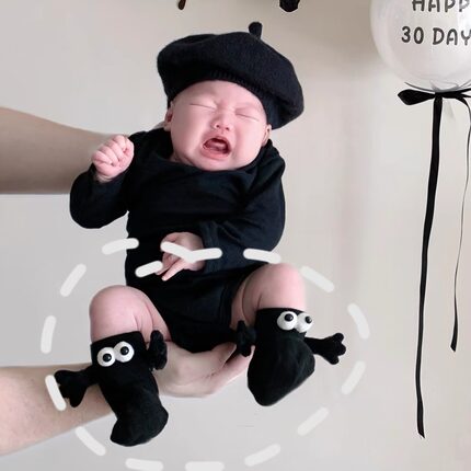 新生儿满月照婴儿袜子牵手袜白色袜子立体磁吸中筒儿童潮袜宝宝