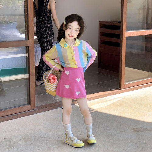 女童多巴胺条纹polo翻领针织衫