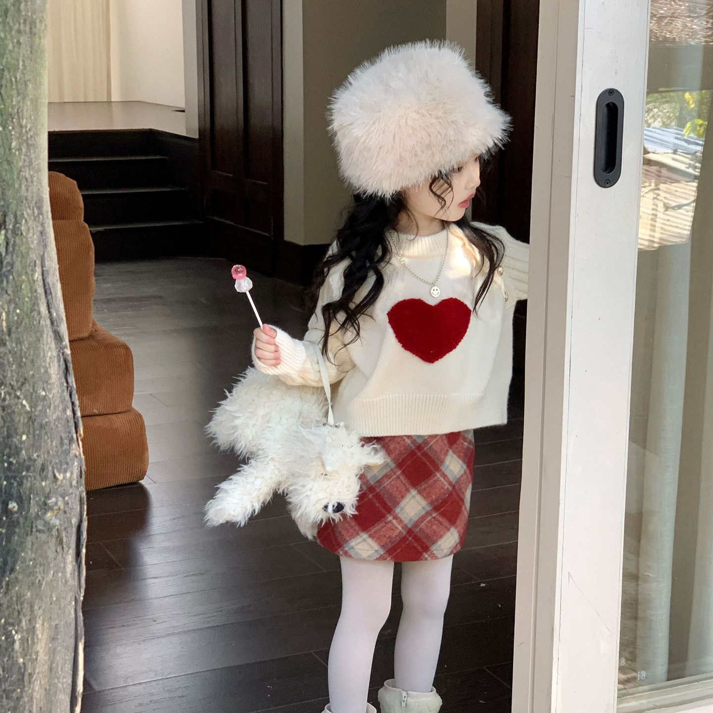 TOTObaby2025秋冬女童洋气爱心提花针织毛衣百搭红色格子毛呢短裙