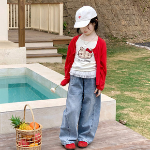 TOTObaby2026新款女童红色软糯开衫薄款外套复古美式烫钻牛仔裤