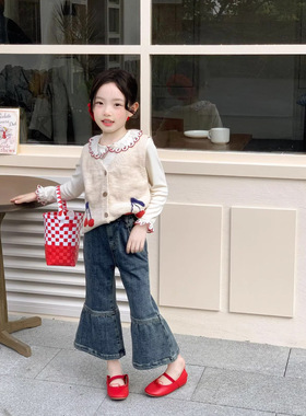 TOTObaby2026春季女童洋气樱桃针织马甲背心儿童娃娃领打底衫套装
