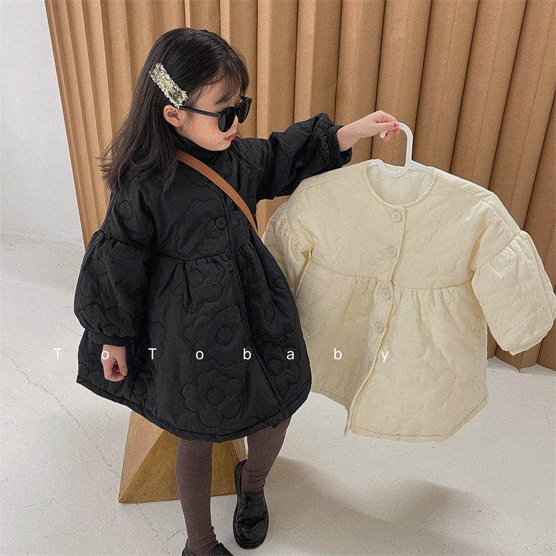 2025冬季韩国童装女童韩版刺绣绗线小棉裙儿童泡泡袖加厚棉衣外套
