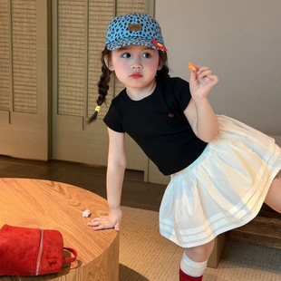 TOTObaby小辣妹镂空T恤女童夏装新款黑色短版绑带短袖T恤修身上衣