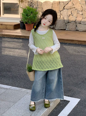 女童镂空背心打底衫叠穿两件套