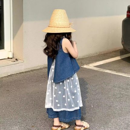 TOTObaby女童夏季新款牛仔套装韩版儿童牛仔开叉背心阔腿裤两件套