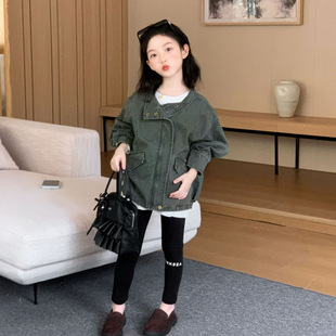 TOTObaby秋季女童ins风军绿色工装外套女宝复古做旧中长款风衣
