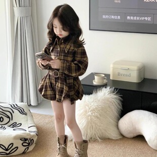 TOTObaby2026秋装女童复古美拉德格子衬衫花苞短裙两件套亲子套装