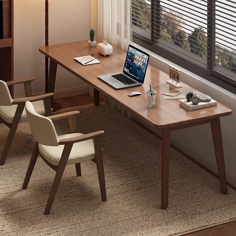 双人电脑桌卧室家用一体简易长方形学习桌子书桌台式办公桌实木腿