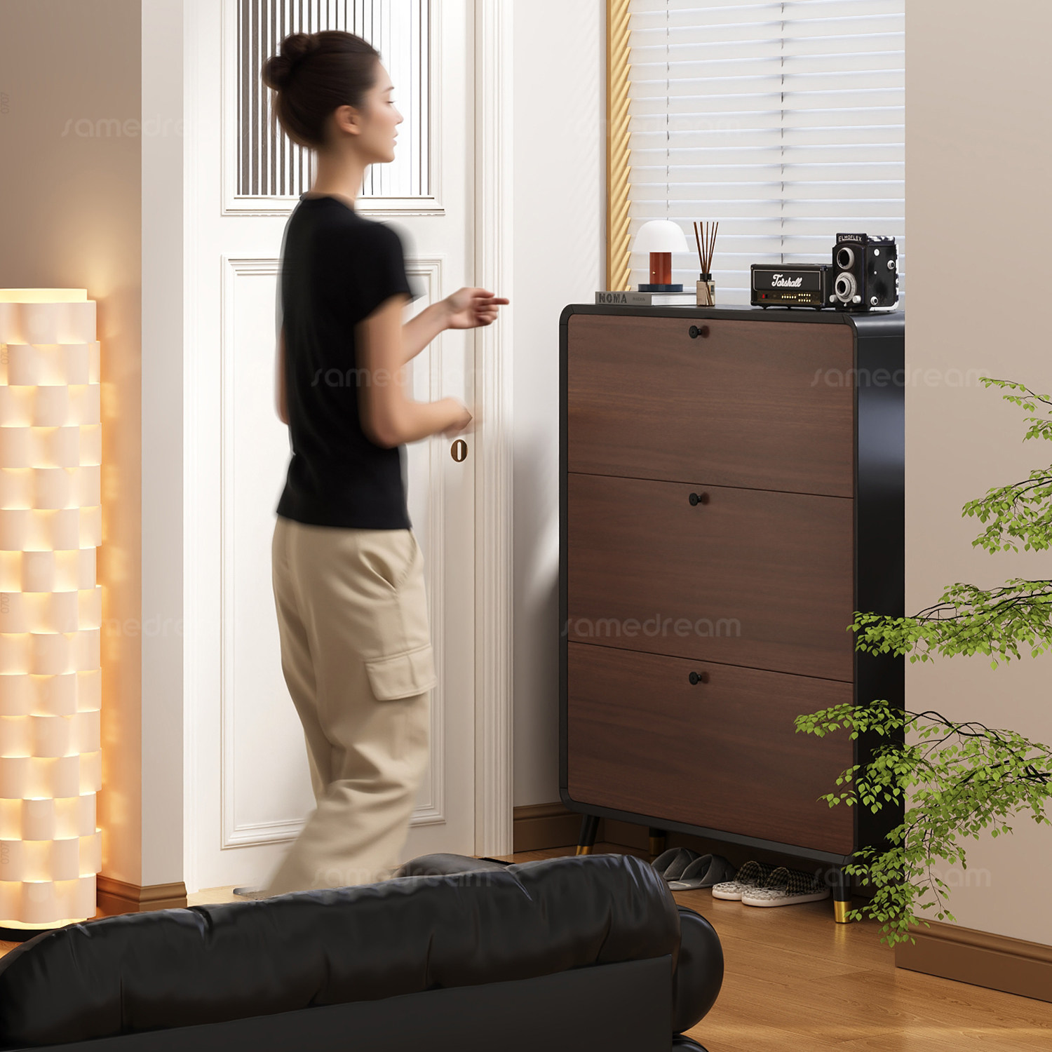 三梦实木超薄款鞋柜家用门口胡桃木色入户玄关翻斗鞋柜极窄走廊用