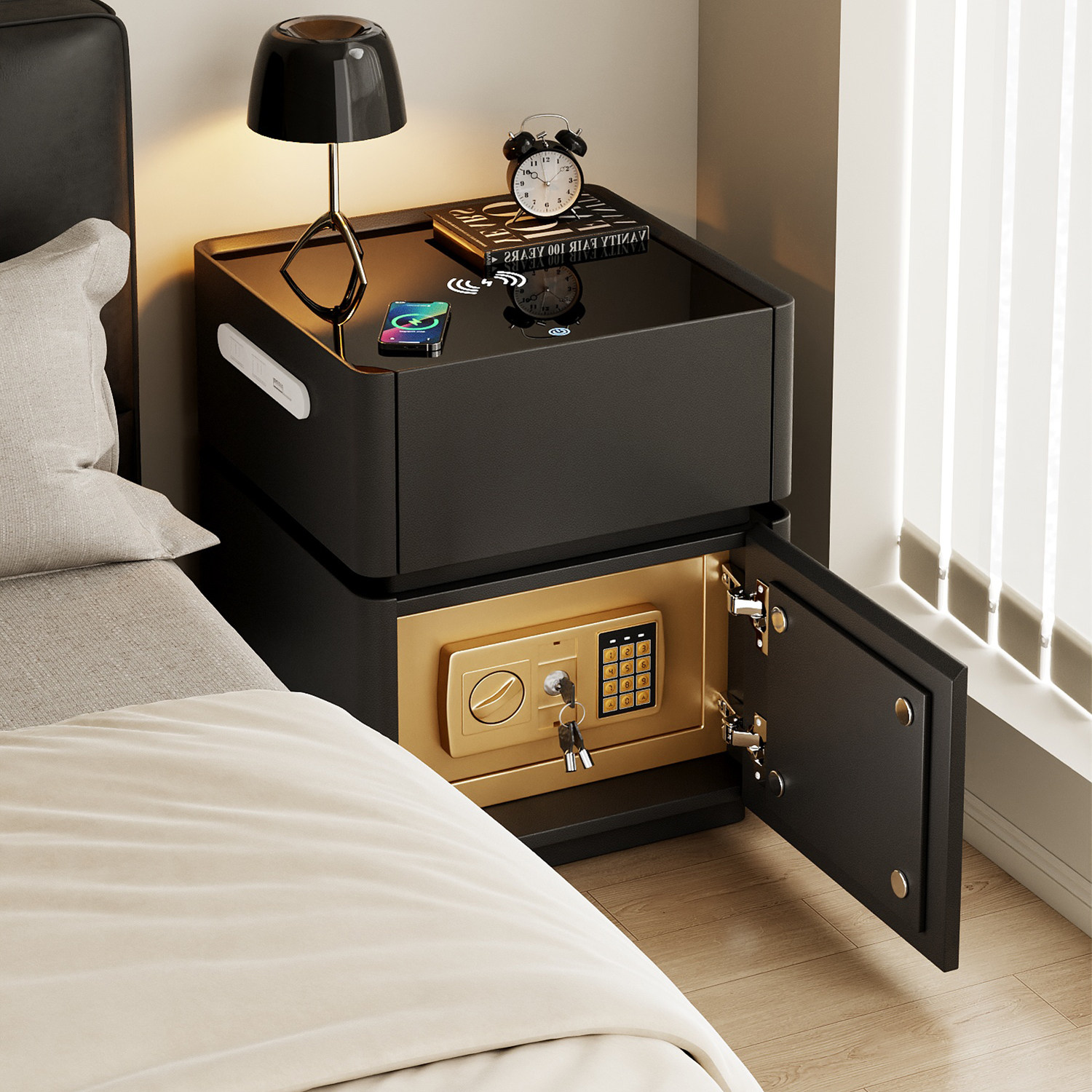 智能实木床头柜保险箱一体黑色家用卧室带锁轻奢高级感小型收纳柜,住宅家具,床头柜,淘宝优惠券,粉丝福利购,淘宝优惠卷