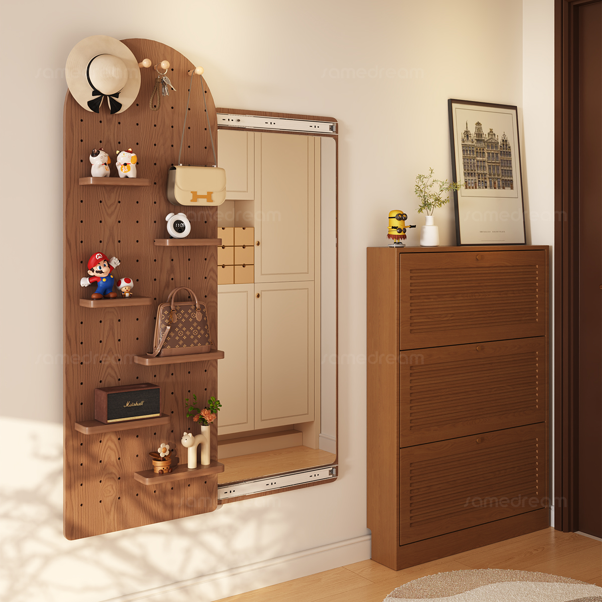 实木玄关洞洞板推拉一体穿衣镜