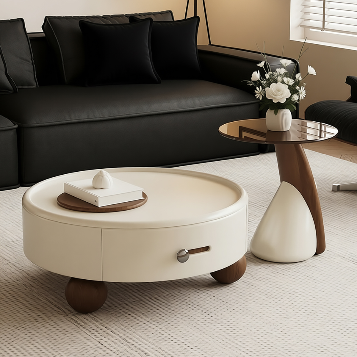 三梦奶油风新款木纹桌脚圆形茶几