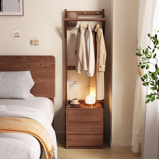 三梦实木床头柜衣帽架一体家用卧室中古风床边柜替代品收纳置物架