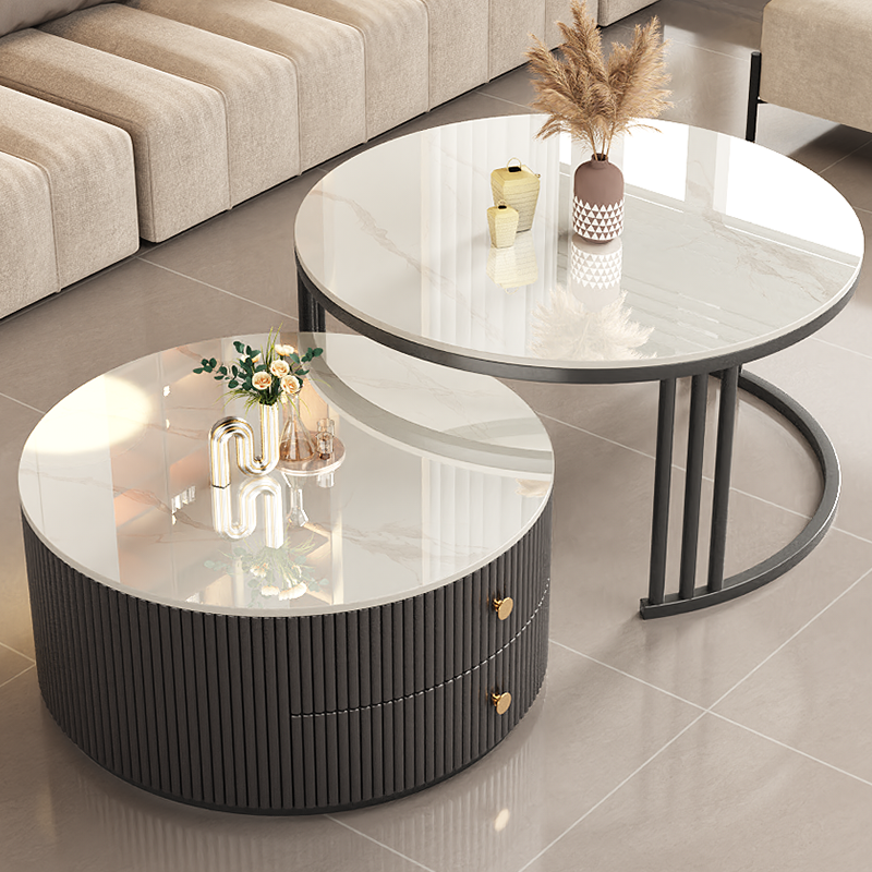 岩板茶几客厅家用2024新款小户型轻奢高级感简约圆形玻璃茶桌组合