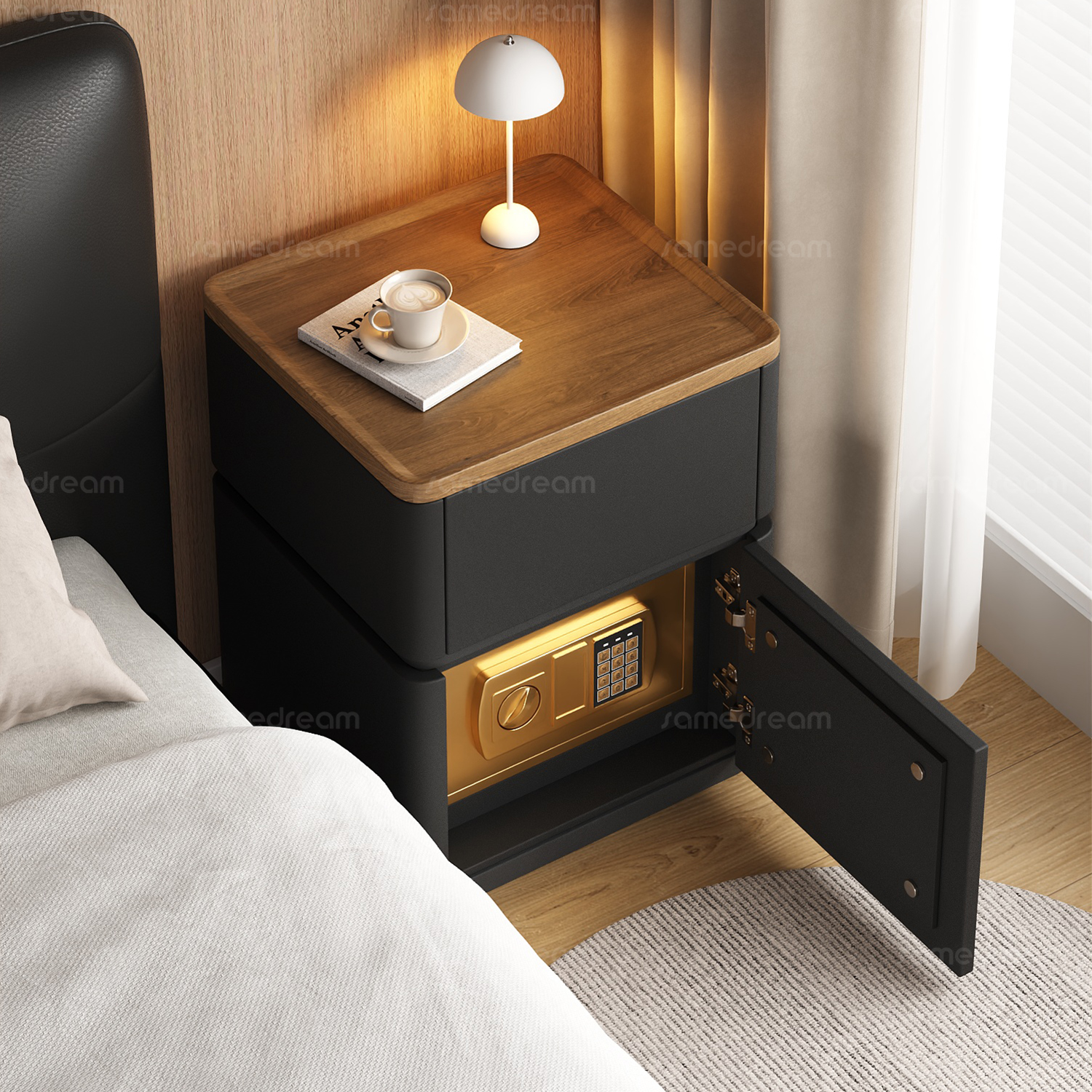 全钢密码锁保险箱实木床头柜