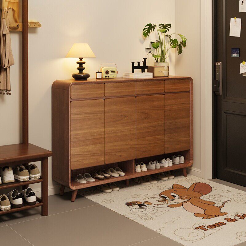 三梦实木玄关鞋柜收纳柜一体靠墙家用门口入户室内胡桃色多层鞋柜