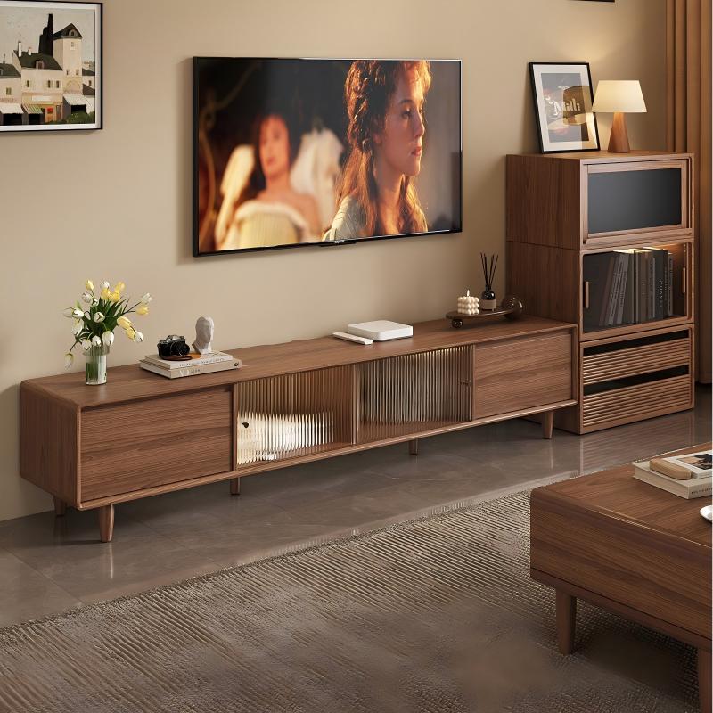 三梦中古风电视柜落地小户型2025新款客厅家用胡桃色实木电视机柜