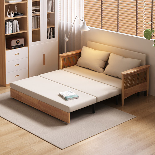 三梦藤编实木沙发床两用可储物