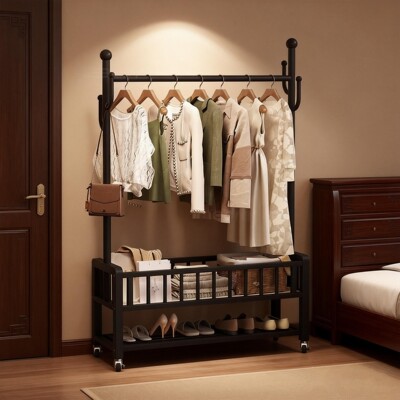 卧室落地挂衣架次净衣移动床尾晚上放衣服神器鞋架衣帽架一体晾晒