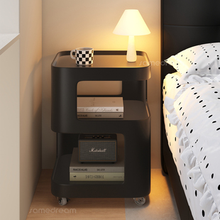 三梦小型铁艺床头柜黑色家用卧室简易可移动带灯置物架替代品边几