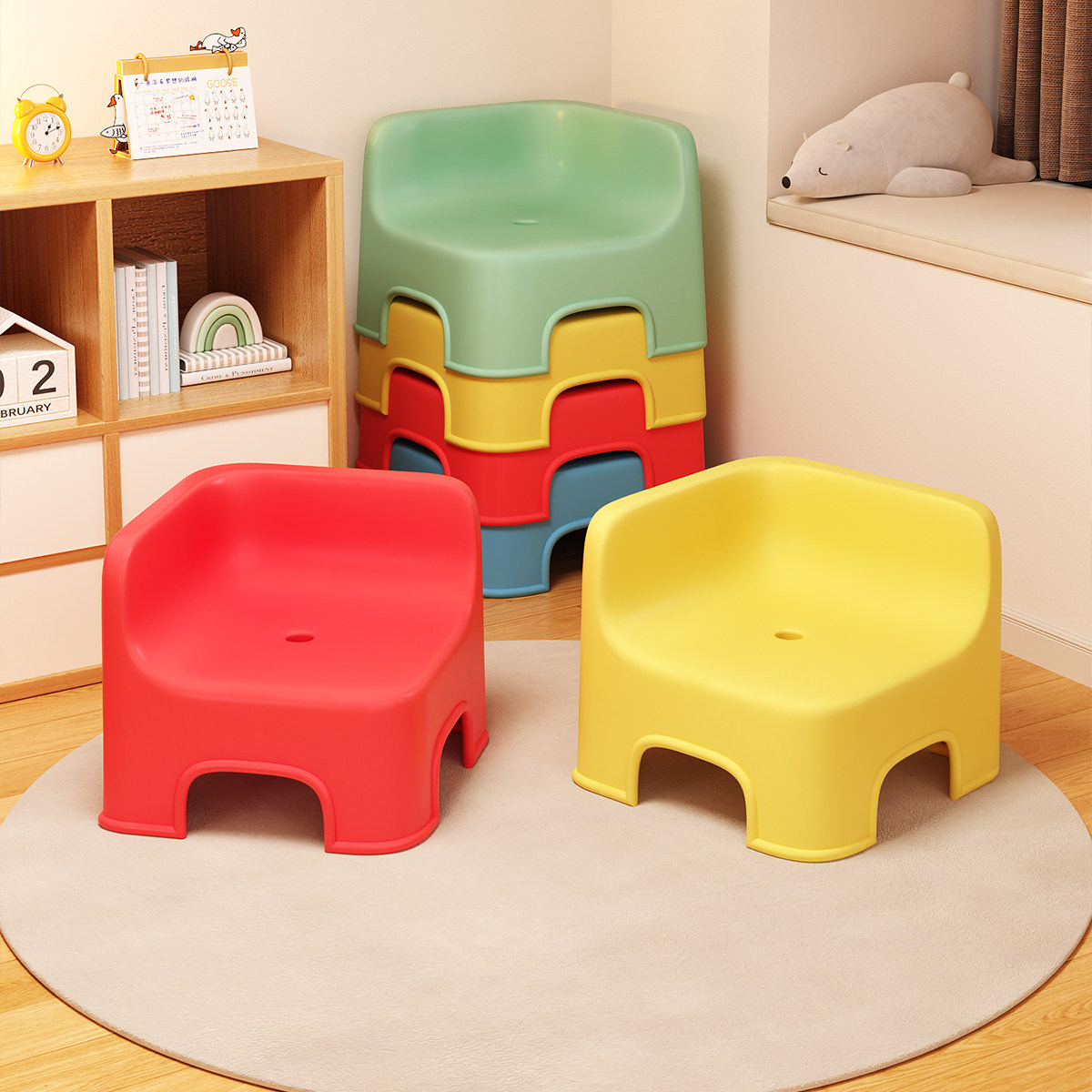 三梦儿童凳子宝宝学习椅加厚靠背椅子家用塑料矮凳客厅换鞋凳板凳