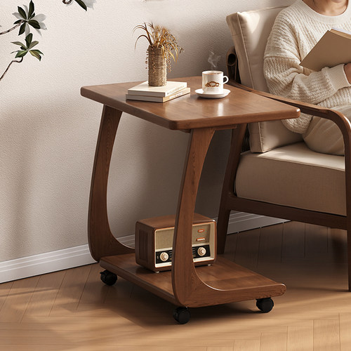 实木沙发边几可移动床头桌子带轮侧边柜家用客厅小户型c形小茶几