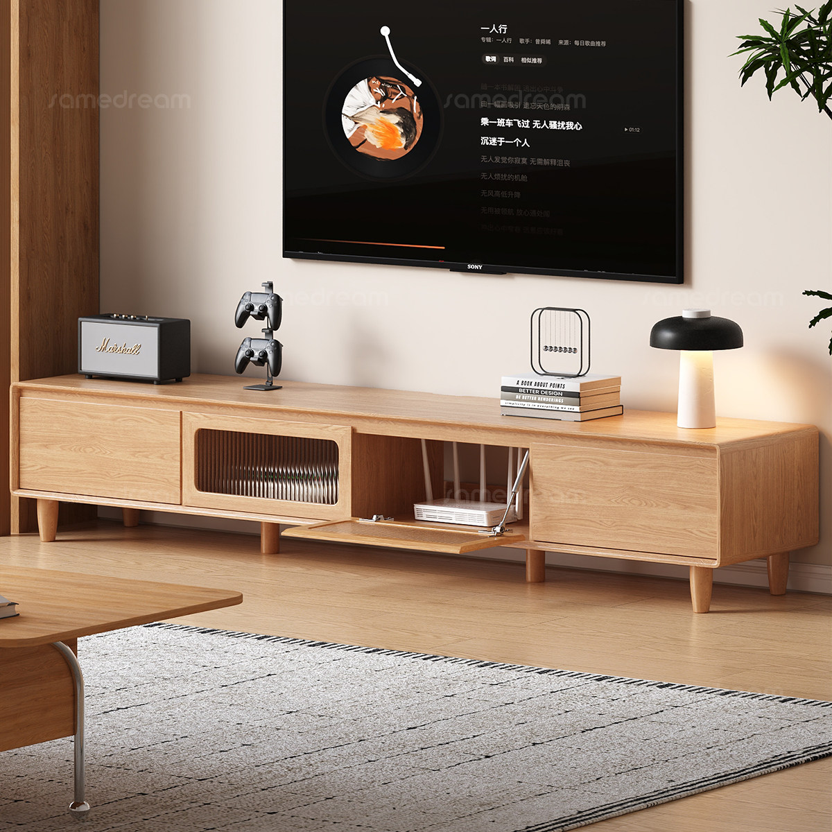 三梦新款落地实木原木风客厅家用电视机柜收纳一体小户型电视机柜