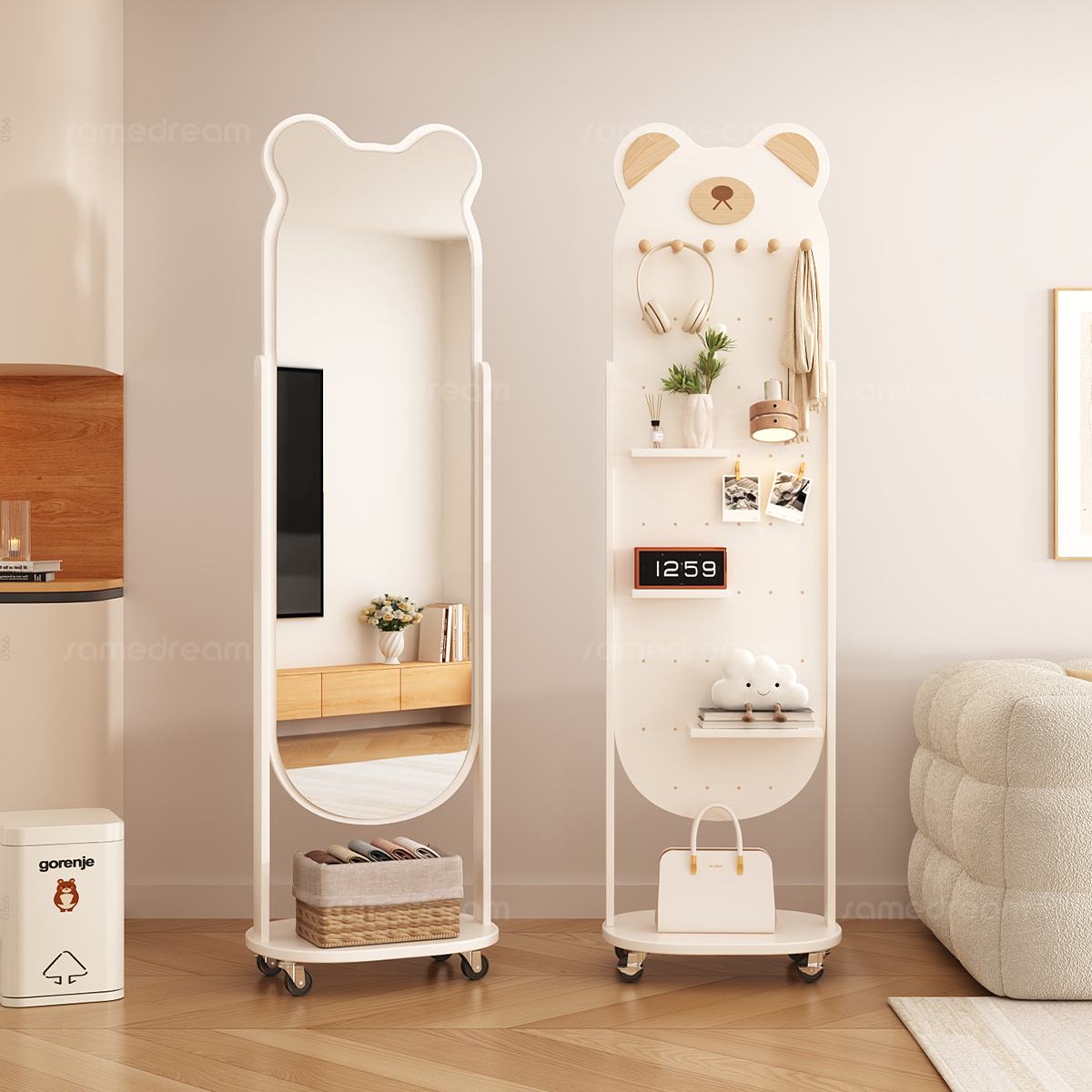 奶油风实木洞洞板可移动穿衣镜